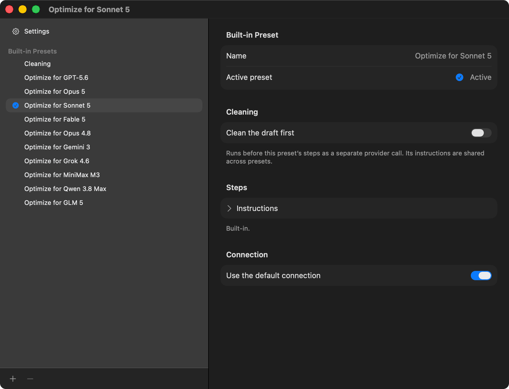 Whetstone settings: Built-in Presets, Optimize for Sonnet 5 selected, optional Cleaning step off, Instructions collapsed